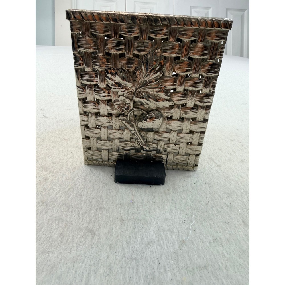 Silver Tone Basketweave Metal Tissue Box Cover Strawberry Relief Square Vintage